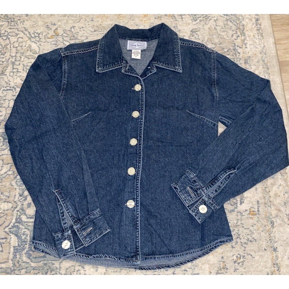 Vintage Wrangler Classic Blues Button Down Denim‎ Shirt Womens Size Small Blue